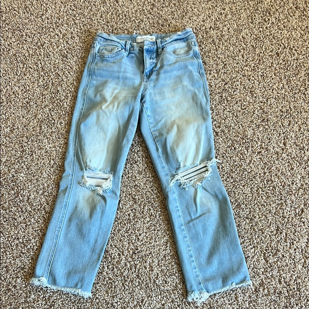 Flying Monkey Blue Straight Leg Jeans with Distressed Knees